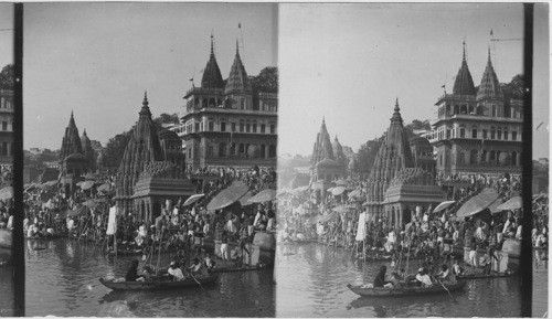 Pilgrims Bathing in the Sacred Ganges, India, Benares