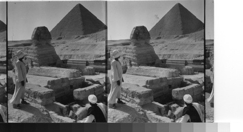 The Sphinx and Cheops from the Temple of Khefren. Giza, Egypt