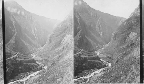 How the Oroya R.R. follows Rimac River to its source in the Andes - gorge near Cacray. Peru