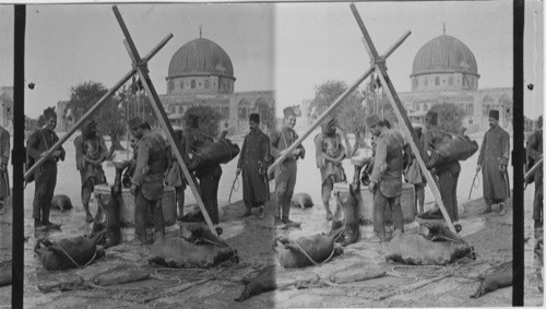 Filling goat skins at the disterns in the Temple Place Jerusalem Palestine