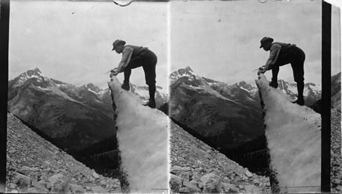 Mt. Cheops and Mt. Grizzly from the front of the Great Glacier, showing lateral Moraine and an ice peak. B.C., Can. Glacier