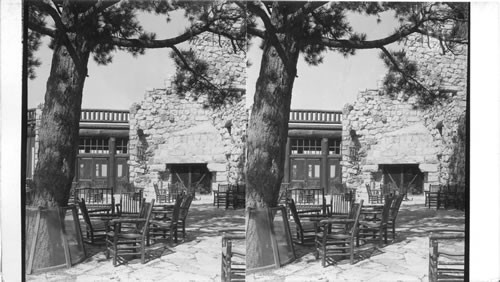 Terrace & Fireplace, Grand Canyon Lodge. Ariz