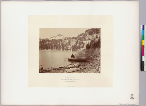 Cottonwood Lake, Wahsatch. [Man and rowboat at right. Wasatch Mountains]