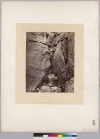 "Facilis decensus Apruit." Facile Dicsensus [sic] [Clarence King mountain climbing, making rope descent of rock wall]