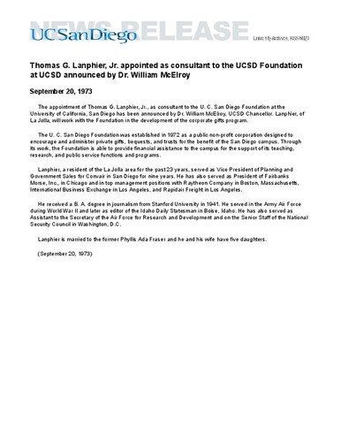 Thomas G. Lanphier, Jr. appointed as consultant to the UCSD Foundation at UCSD announced by Dr. William McElroy