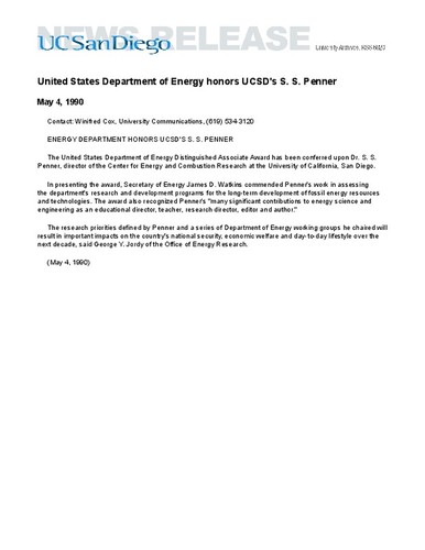 United States Department of Energy honors UCSD's S. S. Penner