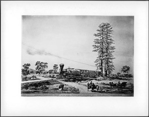 Drawing by Vischer of the San Francisco and San Jose Railroad train at Menlo Park, 1864-1867