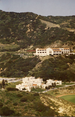 Odell McConnell Law Center with student residences in foreground, circa 1979