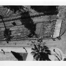 Aerial view of the California State Capitol grounds showing work on the landscaping around the new annex