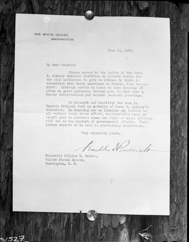 Dedications and Ceremonies, Susan B. Anthony Tree Dedication. Letter from President Roosevelt