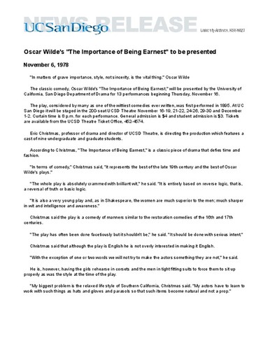 Oscar Wilde's "The Importance of Being Earnest" to be presented