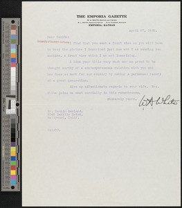 William Allen White, letter, 1932-04-27, to Hamlin Garland