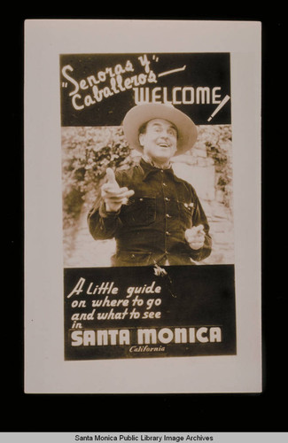 Actor Leo Carrillo welcomes visitors to Santa Monica, Calif