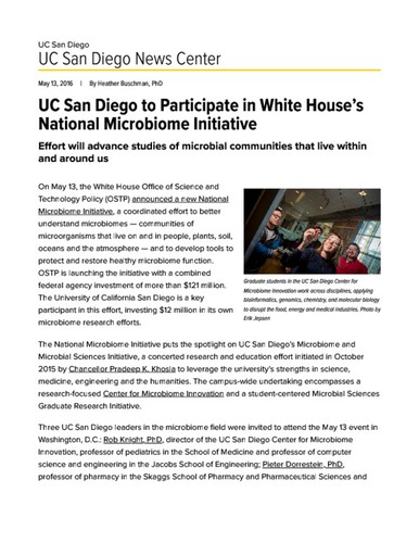 UC San Diego to Participate in White House’s National Microbiome Initiative