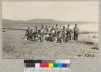 First 4-H Club encampment of Lassen County was held on the east shore of Eagle Lake, 1930. Over 55 in attendance. Farm Advisor Brown, camp director at extreme right
