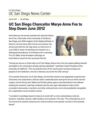 UC San Diego Chancellor Marye Anne Fox to Step Down June 2012