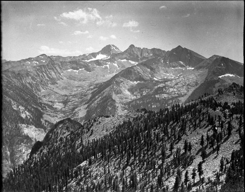 Misc. Canyons, Misc. Glaciation, North Guard Creek (1), and Cross Creek (r), Mt. Brewer center background