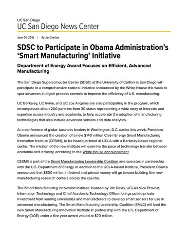 SDSC to Participate in Obama Administration’s ‘Smart Manufacturing’ Initiative