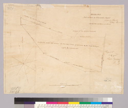 Diagrama del terreno de D. Ricardo Begar : [Rancho San José, Los Angeles County, Calif.] / Gaspar Farrell, agrimensor