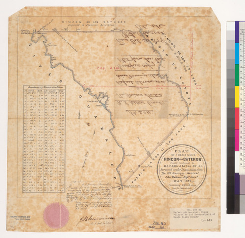 Plat of the Rancho Rincon de los Esteros, finally confirmed to Rafael Alvisa et al. : [Santa Clara Co., Calif.] / Surveyed under instructions from the U.S. Surveyor General ; by John Wallace Depy. Survr