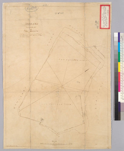 Diagrama del Rancho de San Jacinto [Calif.] : comprendiendo el terreno de J.A.E. y el nuevo qe. pretende M.P. Añadido el Potrero del mismo nombre / [Gaspar O'Farrell]