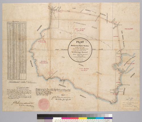 Plat of the Rancho Los Palos Verdes [Calif.] : finally confirmed to Jose Loretto Sepulveda et al. / surveyed under instructions from the U.S. Surveyor General by Henry Hancock, Dep. Survr., September 1859