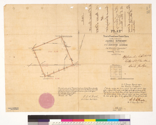Plat of the tract of land near Santa Clara finally confirmed to James Enright : [Santa Clara Co., Calif.] / Surveyed under instructions from the U.S. Surveyor General ; by J.E. Whitcher, Deputy Surr