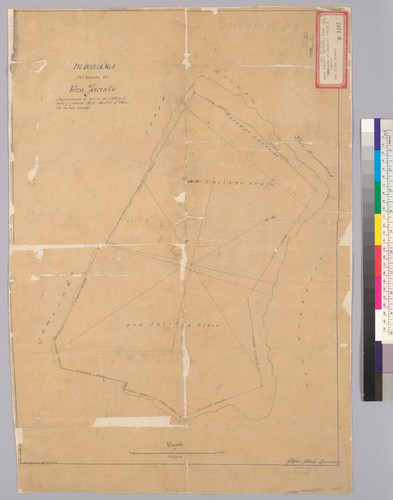 Diagrama del Rancho de San Jacinto [Calif.] : comprendiendo el terreno de J.A.E. y el nuevo qe. pretende M.P. Añadido el Potrero de mesmo nombre / Gaspar O'Farrell, agrimensor