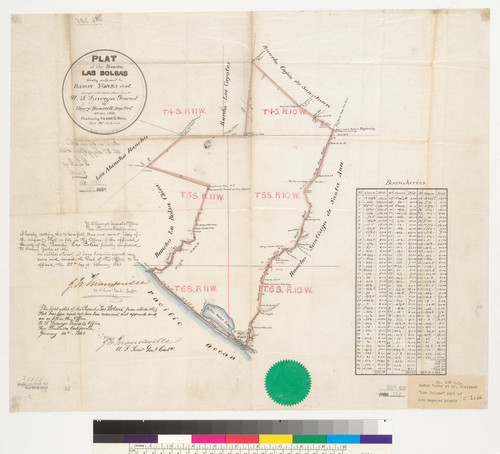 Plat of the Rancho Las Bolsas [Calif.] : finally confirmed to Ramon Yorba et al. / surveyed under instructions from the U.S. Surveyor General by Henry Hancock, Dep. Surr., December 1860