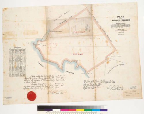 Plat of the Rancho El Pescadero [Monterey County, Calif.] : finally confirmed to David Jacks / as located by the U.S. Surveyor General from field notes of surveys on record in this office ... April 1864