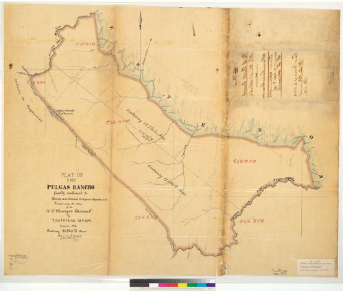 Plat of the Pulgas Rancho, finally confirmed to Maria de la Soledad Ortega de Arguello et al. : [San Mateo Co., Calif.] / Surveyed under the orders of the U.S. Surveyor General ; by T.S. Stevens, Dep. Sur