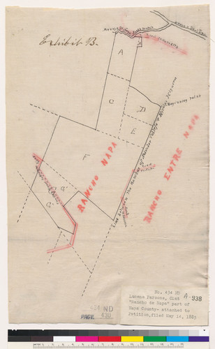 [Sketch of a rancho claim in the vicinity of Rancho Napa and Rancho Entre Napa : Napa County, Calif. / Surveyed by W.A. Pierce]