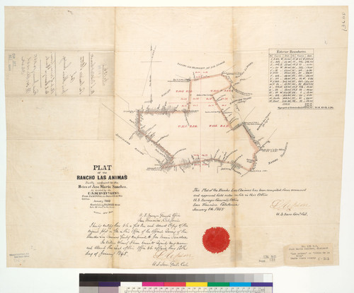 Plat of the Rancho Las Animas, finally confirmed to the heirs of José Maria Sanchez : [Santa Clara Co., Calif.] / as located by the U.S. Surveyr. Genl