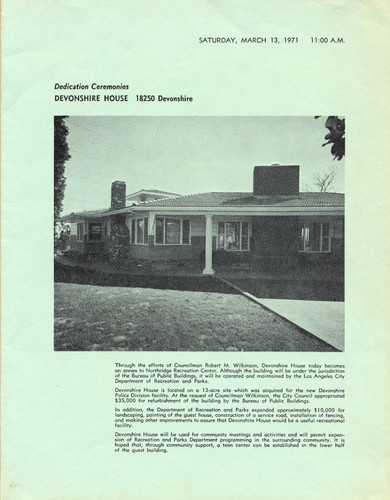 Program from the dedication of Devonshire House, March 13, 1971