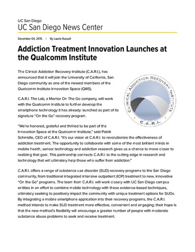Addiction Treatment Innovation Launches at the Qualcomm Institute