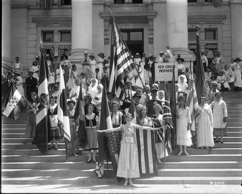 Red Cross Mothers and Allied Nations girls on Courthouse Steps