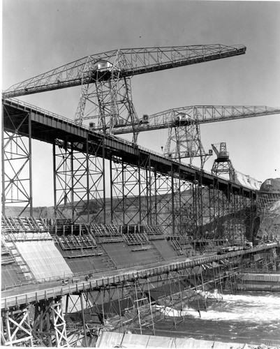 Huge Cranes Aiding in Construction of Friant Dam