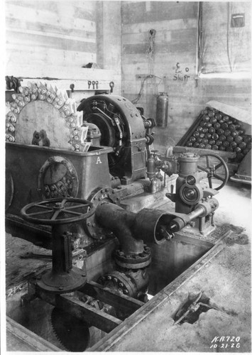 Interior of powerhouse, exciter number 2, governor being installed, Balch Powerhouse