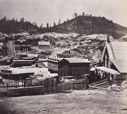 1136. Nevada City, from the South. Catholic Church, Union Hotel, and Sugarloaf Mountain, Nevada County