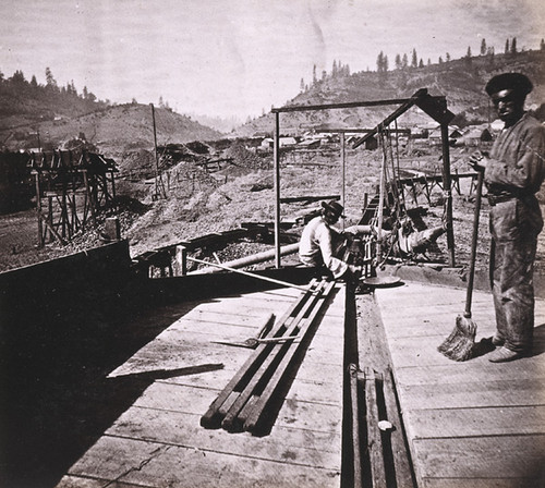 948. Placer Mining at Volcano, Amador County. The Dump-Box. Cleaning Up