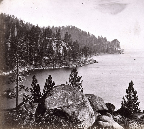 683. Eastern shore of Lake Tahoe--from Rocky Point, looking South, Sierra Rocks and Cave Rock in the distance