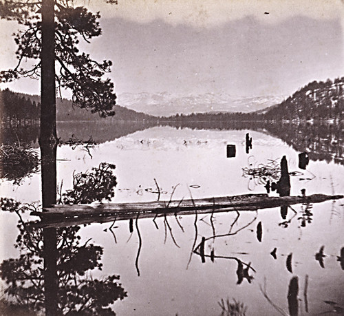 849. Reflection--Donner Lake. View form Pollard's Hotel, Eastern Summit in the distance