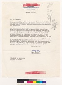 Letter to Ernest O. Lawrence from K.D. Nichols of the US Atomic Energy Commission