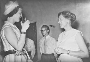 The Heir Apparent Princess Margrethe on a visit to Aden, talking to Erna Petersen and Jørgen Nø
