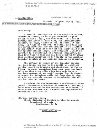 Robert Murphy letter to Elbridge Durbrow regarding complaint of Mrs. Eduoard de Streel, with attachments