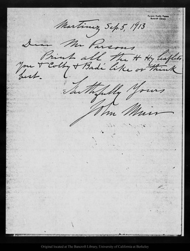 Letter from John Muir to [E. T.] Parsons, 1913 Sep 5