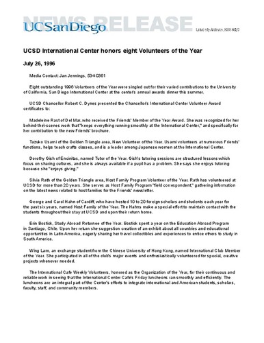 UCSD International Center honors eight Volunteers of the Year