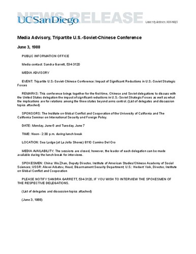Media Advisory, Tripartite U.S.-Soviet-Chinese Conference