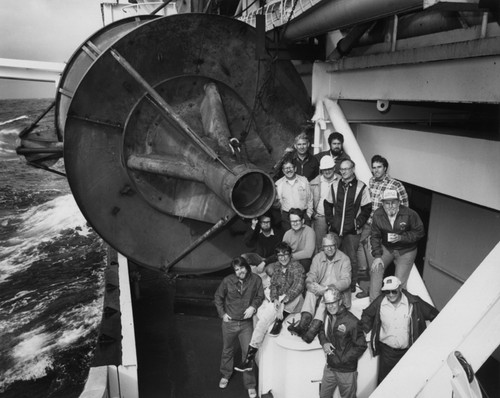 U.S. Defense Advanced Research Projects Agency (DARPA) scientists aboard the research ship D/V Glomar Challenger (ship) while on route to the drilling site for Leg 88 of the Deep Sea Drilling Project. 1982