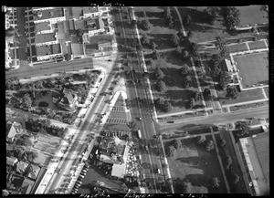 Aerial view of intersection-Figueroa & Flower Streets, 1936